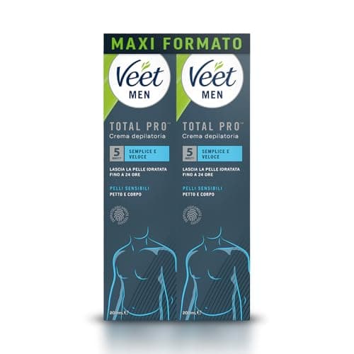 Veet Men Crema Depilatoria Uomo Petto e Corpo Pelli Sensibili, Dermatologicamente Testata, Formato Convenienza 400 ml (2 Confezioni x 200 ml)