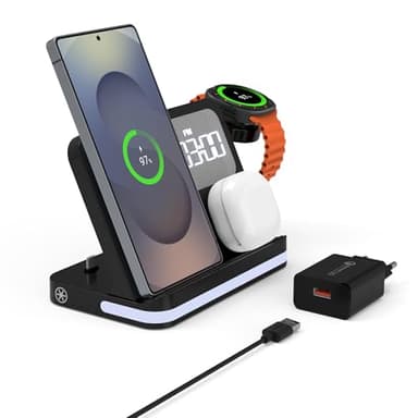 BRIMFORD Stazione Ricarica per Samsung, 4 in 1 Wireless Sveglia Luce LED: Caricatore Comodino Rapido Compatibile Galaxy S25, Watch 7/Ultra/6, Buds 3 Pro