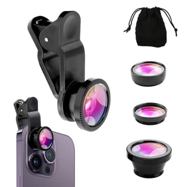 Zoom Ottico 3 in 1 per Smartphone - Lenti Professionali 0.67X Grandangolo/180° Fisheye/Macro con Clip in Alluminio Aerospaziale & Custodia, Vetro Ottico HD Compatibile con iPhone/Samsung
