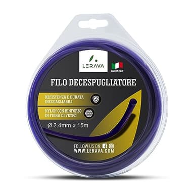 LERAVA® Filo Decespugliatore 2,4mm - ⌀2.4mm x 15m - Filo per Decespugliatore Robusto e Durevole - Nylon Rinforzato con Fibra di Vetro - 100% Made in Italy
