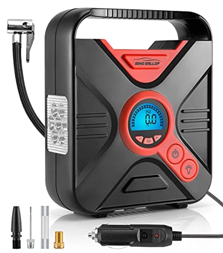 WindGallop Compressore Aria Portatile Auto Kit Gonfiaggio Pneumatici Auto Gonfia Gomme Compressore Portatile 12 Volt Pompa Aria Con Manometro Per Pneumatici Luce a LED e Adattatori Valvole (Rosso)