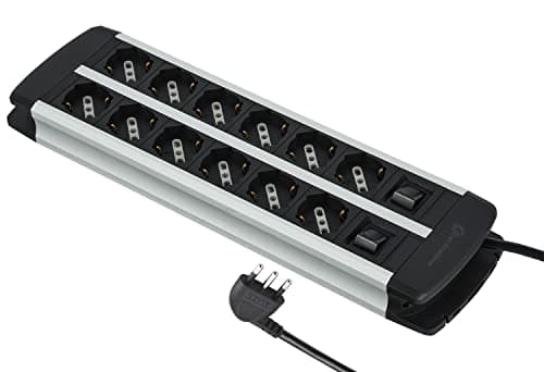 Electraline 61916 Multipresa Alu-Line 12 Posti Polivalenti (Schuko +10/16A) con 2 Interruttori indipendenti, Cavo 2M H05VV-F 3G1.5mm, con Corpo in Alluminio, con protezione per sovraccarico