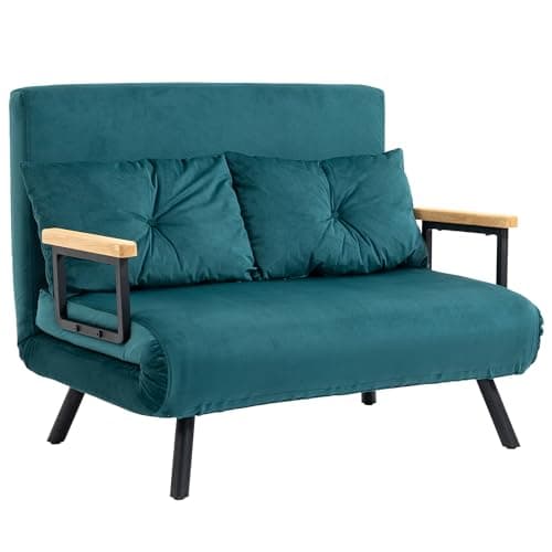 HOMCOM Divano Letto 2 Posti con Schienale Regolabile in 5 Livelli, Divano Letto Matrimoniale Pieghevole con 2 Cuscini per Soggiorno, in Tessuto Imbottito, Acciaio e Legno, 102x73x81 cm, Blu scuro