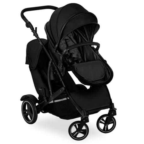 hauck Passeggino Gemellare Duett 4 - Passeggino Doppio per 2 Bambini, Fino a 36Kg, con Coprigambe e Parapioggia - Seduta Convertibile in Navicella Neonato - Nero