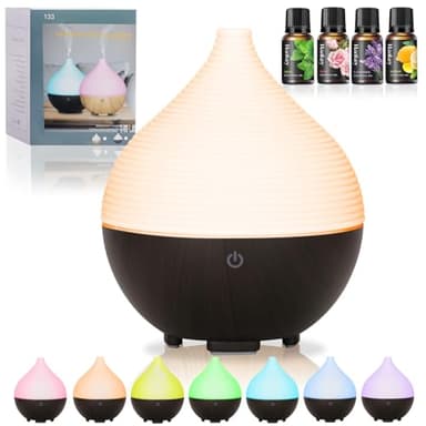 BUOAZR Diffusore di Oli Essenziali, 160ml Diffusore di aromi, Spegnimento Automatico Senza Acqua e 7 Colori LED con 4x10ml Oli Essenziali Diffusori, Ultrasuoni Umidificatore per Casa, Ufficio, Spa