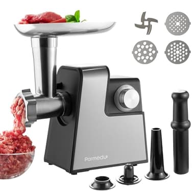 Parmedu Tritacarne Elettrico per Uso Domestico: Tritacarne Compatto in Acciaio Inox con 3 Piastre, Lama - Insaccatore, Macchina per Kibbeh, Macchina per Carne Macchina per Polpette