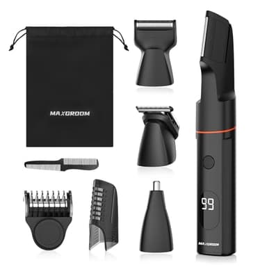 MAXGROOM 4 in 1 Kit Rasoio Elettrico Corpo Uomo, Regolabarba Uomo Depilatore Ricaricabile per Taglia Parti Intime, Capelli, Barba, Peli Naso, Impermeabile IPX6 con Uso Umido e Asciutto e Display a LED