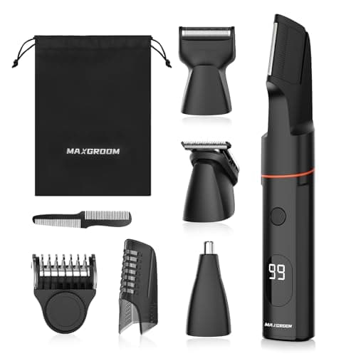 MAXGROOM 4 in 1 Kit Rasoio Elettrico Corpo Uomo, Regolabarba Uomo Depilatore Ricaricabile per Taglia Parti Intime, Capelli, Barba, Peli Naso, Impermeabile IPX6 con Uso Umido e Asciutto e Display a LED