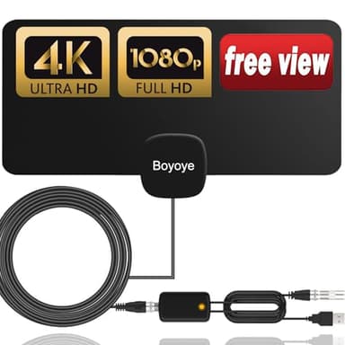 Boyoye Antenna TV Interna Amplificata Potente, Portata di Oltre 450KM, Supporto Ricezione a 1080P VHF/UHF per Smart TV, Amplificatore di Segnale per Canali Locali, Cavo Coassiale da 5M (158A)
