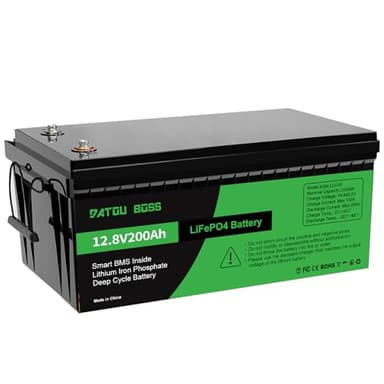DATOUBOSS LiFePO4 Batteria Litio 12v 200Ah con 200A Protezione BMS, Fino a 15000 Cicli e 10 Anni Di Durata, per Camper, Barca, Kit di Pannelli Solari, Campeggio, Casa