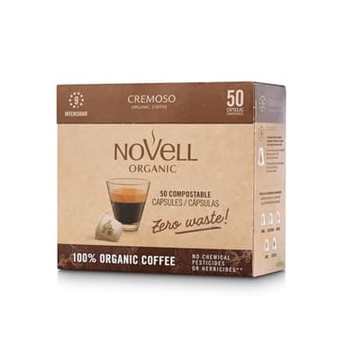 NOVELL - Capsule di Caffè Cremoso Residuo 0 50 Unità | Capsule Compatibili Nespresso | Caffè Organico ed Ecologico Ideale per Combinazioni con Latte | Capsule di Caffè 100% Compostabili