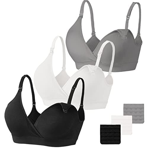 Vinfact Set da 3 Reggiseni Allattamento Senza Cuciture Reggiseno Premaman Cotone Morbido con Imbottito Reggiseno Gravidanza Senza Ferretto, Design Sexy con Scollo a V-S-Nero，Grigio，Bianco