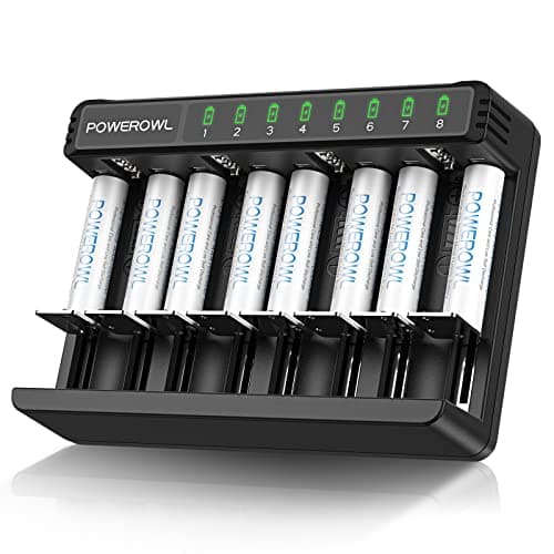 Batterie Ricaricabili AAA con Caricabatteria, Powerowl Carica batterie per Batteria AA/AAA/C/D, Ricarica Tipo C & Micro USB Ad Alta Velocità, Slot Indipendente
