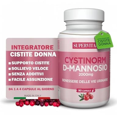CYSTINORM® DMANNOSIO CISTITE 2000 mg (90 CPS - Trattamento completo) - D Mannosio | Integratore Cistite Donna | Mirtillo Rosso Cranberry, Lactobacillus rhamnosus GG e Acido Ialuronico, Gluten Free