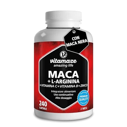 Vitamaze Maca (con Maca Nera) 4000 mg con L-Arginina 1.800 mg + Vitamine C, B6, B12 e Zinco, 240 Capsule, Maca Root Peruviana delle Ande, Qualità Tedesca, senza Additivi