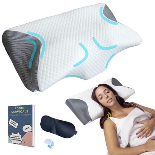 CAER - Cuscino Cervicale Ortopedico Memory Foam per Dormire - In regalo maschera, tappi per orecchie ed eBook - federa traspirante e lavabile - 60x36x8/12 cm