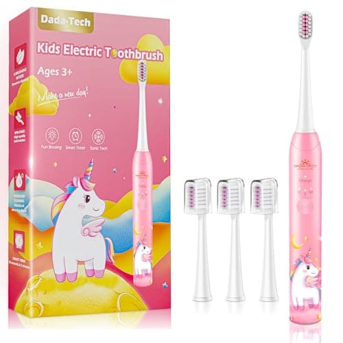 Spazzolino Elettrico Bambini 3-6-12 Anni Spazzolino Elettrico Bambina Bimba Bambino Con Timer Luci LED Arcobaleno E 4 Testine (Unicorno Rosa)
