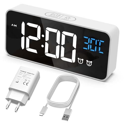 HERMIC Sveglia Digitale, Sveglia da Comodino con Temperatura, Orologio Digitale con 2 Allarme, Snooze, 4 Livelli di Luminosità, Controllo Vocale, USB Ricaricare, Sistema 12/24 Ore (Bianca)