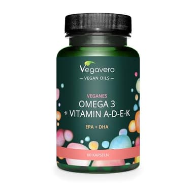 Omega 3 VEGAN | + Vitamina D3, K2, E, A | DHA + EPA | con olio di alghe Premium Life’s™ OMEGA Pressato a Freddo | Vitamine ADEK | 60 capsule vegane | Vegavero®