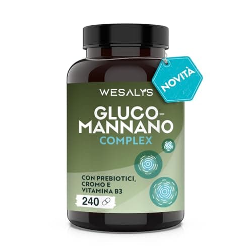 GLUCOMANNANO FORTE 4.200 mg per Dose Giornaliera, 240 CAPSULE, Made in Italy, Arricchito con Cromo, Vitamina B3 e Prebiotici; Fibra Saziante Vegetale, Integratore Ad Alto Dosaggio, Wesalys