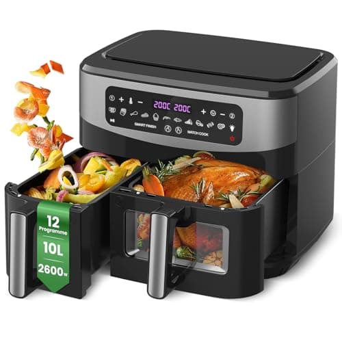 Friggitrice ad Aria Doppio Cestello, 10L(4Lx6L) XXL, 12 Programmi, Timer, Friggitrice Aria Calda da 2600W per Pollo Intero, Sana Preparazione a Basso Contenuto di Olio - Cooki G10 Max