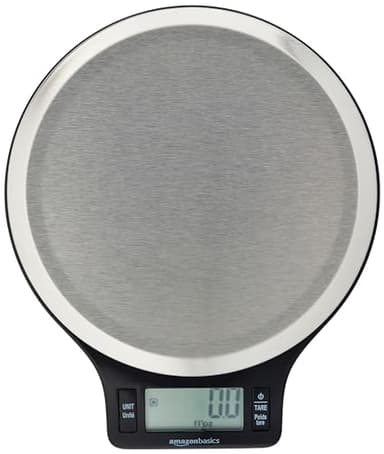 Amazon Basics - Bilancia digitale da cucina con display LCD, priva di bisfenolo A (pile incluse), Pesa fino a 11 lb, Nero e acciaio inossidabile