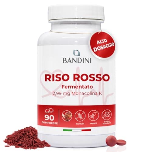 Bandini® RISO ROSSO FERMENTATO da Lievito Monascus Purpureus, 99,7mg Riso Rosso, 2,9mg di Monacolina K, Senza Additivi, Vegan, Senza OGM, Made in Italy, 90 Compresse Facili da Deglutire (3 mesi)