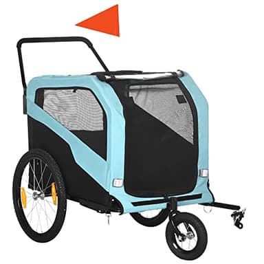 PawHut Rimorchio Bici per Cani 2 in 1 con 2 Ingressi e Tasche Portaoggetti, Passeggino per Cani 30kg max in Acciaio e Tessuto Oxford, Blu