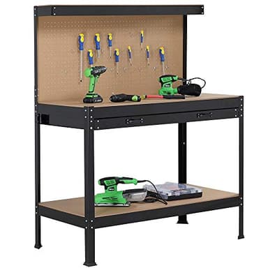 BAKAJI Banco da Lavoro Officina Porta Utensili Bancone Struttura in Metallo Piani in Legno MDF con Parete Ganci Portattrezzi Cassetto e Ripiani Colore Nero Dimensione Tavolo (120 x 140 cm)