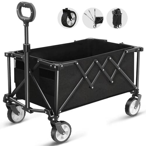 Carrello Pieghevole su Ruote, Carro da 100kg di Grande Capacità con Maniglia Regolabile e Borsa di Copertura, Trasportatore da Picnic per Festival Shopping Campeggio Giardino Spiaggia (Nero)
