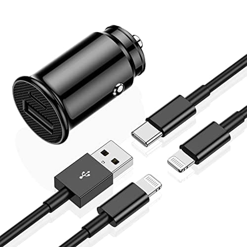 QZIIW Caricatore rapido per auto per iPhone, USB A a Lightning, Tipo C, Micro, cavo mutiplo con caricatore per auto USB a 2 porte per iPhone, iPad, telefono cellulare Andriod