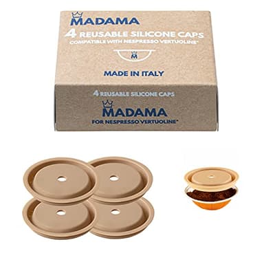 Madama - Tappo Riutilizzabile per le Capsule Nespresso Vertuo e VertuoLine, Ricaricabile e Compatibile. Silicone alimentare. 100% Made in Italy. Confezione da 4 tappi.