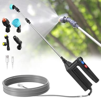 SYLSTAR Pompa Irroratrice a Batteria,3 Velocità di Pompa Irroratrice,7.4V Spruzzatore Forte con Indicatore di Batteria, 4 Ugelli Regolabili Nebulizzatore Piante con 60CM Asta Telescopica