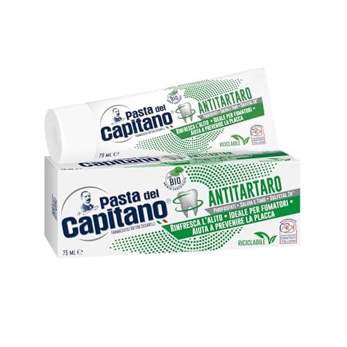 Pasta del Capitano, Dentifricio Antitartaro Bio, Dona Freschezza e Rinfresca l'Alito, Ideale per i Fumatori, Aiuta a Prevenire la Placca, 100% Made in Italy, Tubetto da 75 ml