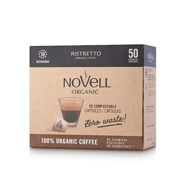 NOVELL - Capsule di caffè Ristretto Residuo 0 50 Unità | Capsule compatibili con Nespresso | Caffè Tostato Intenso | con Note di Cioccolato e Vaniglia | Capsule 100% Compostabili e Ecologiche