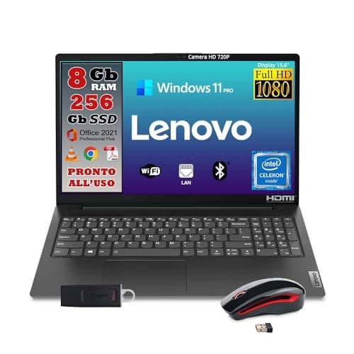 Lenovo Notebook Monitor 15.6" Full HD Intel Core N4500 fino a 2,8ghz Ram 8GB SSD 256GB Pacchetto Office Pro 2021 Windows 11 pro PRONTO ALL'USO - MOUSE WIRELESS e CHIAVETTA USB 32gb