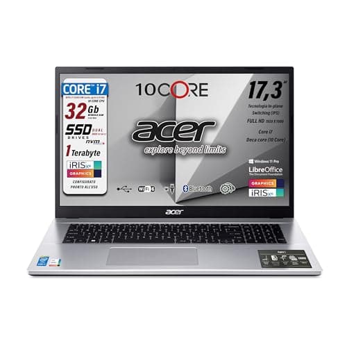 acer Notebook Aspire, Monitor da 17.3" FullHD IPS, IntelCore i7-1255U RAM 32Gb, N 2 SSD PCI da 512Gb (1TB), USB 3.2, Wi-Fi6, Lan 1Gbit, Svga Iris Xe, Tastiera Italiana, Win 11Pro, Pronto all'Uso