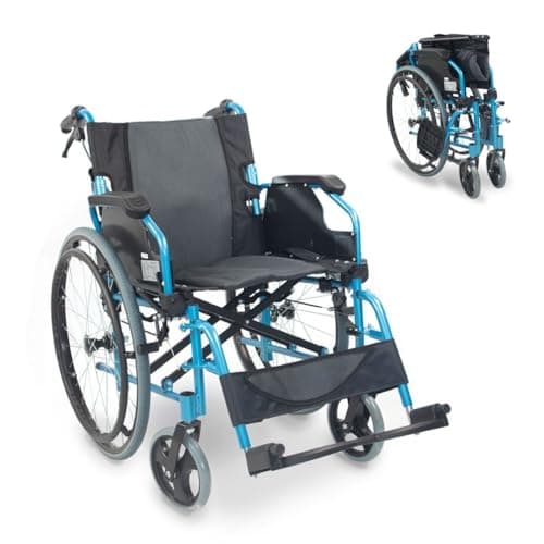 Mobiclinic®, Sedia a rotelle pieghevole, Bolonia, Alluminio, Braccioli pieghevoli, Poggiapiedi rimovibili, Schienale diviso, Per anziani e disabili, Leggera, Max. 110 kg, Seduta 46 cm, Colore blu
