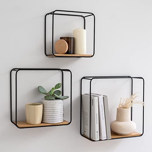 Kazai. Mensole da Muro Design -Jona- | Scaffale Metallo a 3 Parti con Impiallacciatura in Vero Legno | Decorazione della Parete, Libreria Scaffale, per Camera da Letto, Bagno, Cucina | Quercia