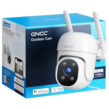GNCC Telecamera Wi-Fi Esterno 1080P, Visione Notturna a Colori, 360° PTZ, Rilevamento AI, Tracciamento Intelligente, IP65, Audio Bidirezionale, Allarme Luminoso, Compatibile con Alexa, 24/7, 2.4Ghz