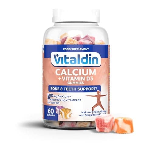 VITALDIN Calcio 500 mg + Vitamina D3 Gummies – 1.000 UI Vitamina D – 60 Caramelle Gommose (1 mese), gusto Frutti Assortiti – Aiuta a mantenere Ossa e Denti - Senza glutine - Bambini e Adulti