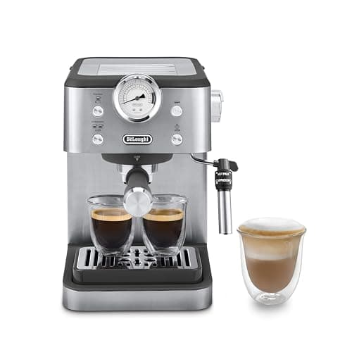 De'Longhi Linea Classic EM450.M, Macchina da Caffè Manuale con Schiumatore, Macchina Espresso Barista, Ugello per Cappuccino, Filtro Doppia Parete, 15bar, Tazze Fino 13cm, Acciaio Inossidabile/Metallo