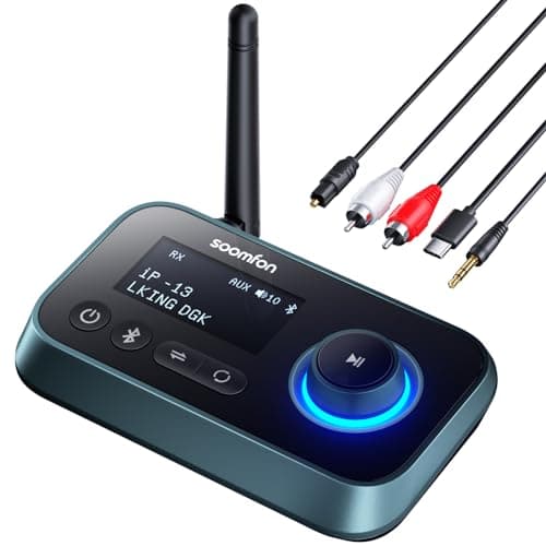 Trasmettitore Ricevitore Adattatore Audio Bluetooth 5.0 con Cavi Aux/Ottico/RCA, SOOMFON Adattatore Audio Hi Fi con Jack 3.5mm e Optical, per TV, PC, Lettore CD, Stereo Casa, Cuffie, con LCD Display