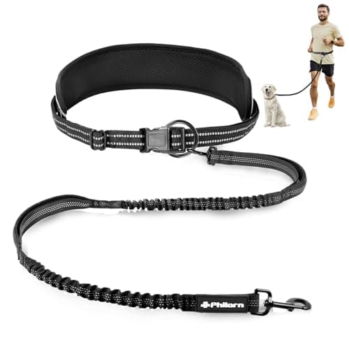 Philorn Guinzaglio da corsa per cani a mani libere con cintura larga per cani di taglia media e grande per camminare, fare jogging, escursionismo, con doppi manici e elastico resistente, nero