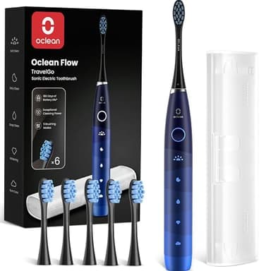 Oclean spazzolino elettrico sonico Flow Gift Set, Ricarica ogni 180 giorni, 5 Modalità, Impermeabile IPX7, Timer da 2 minuti, 6 Testine DuPont™, Custodia da viaggio, Blu