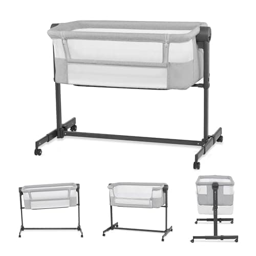 Kinderkraft NESTE UP2 Culla da affiancare, Lettino Co-Sleeping, 5 livelli di regolazione dell’altezza, 4 ruote per poterlo, Facile da Montare, Accessori materasso, Morbido materiale, Grigio