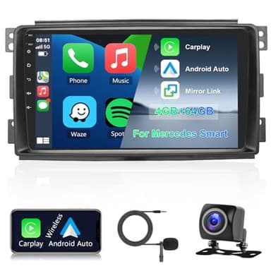 Autoradio 8 Core 4G+64G per Mercedes Benz Smart Fortwo 451 2005-2010 Android 9 Pollici Touch Schermo GPS Navigation Carplay Android Auto Mirror Link 2 Din Radio Bluetooth DSP WiFi RDS Camera Hodozzy
