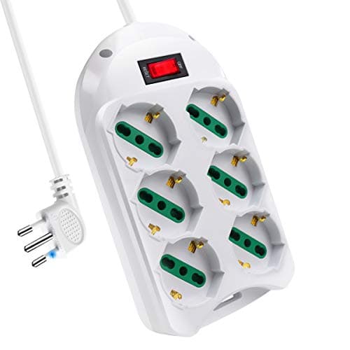 EXTRASTAR Multipresa 6 Post,Presa con interruttore automatico di protezione 10 A,multipresa protetta,surge Arrest, 6 prese bipasso ITA/Schuko, Bianco cavo 1,5 metri
