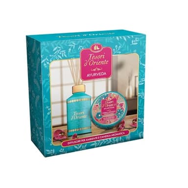 Tesori d'Oriente - Set Regalo, Profumatore per Ambienti con Bastoncini 200 ml e Candela Profumata Piccola 109 gr, Fragranza Ayurveda, Confezione Regalo