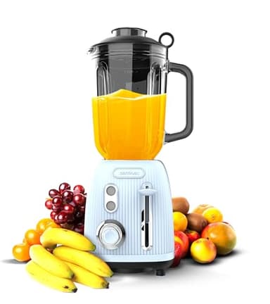 Cecotec Blender Power Black Titanium RetroBlue. Frullatore retrò con una potenza massima di 1200 W, lama a 4 fogli con rivestimento in titanio nero e brocca con capacità di 1,5 litri.